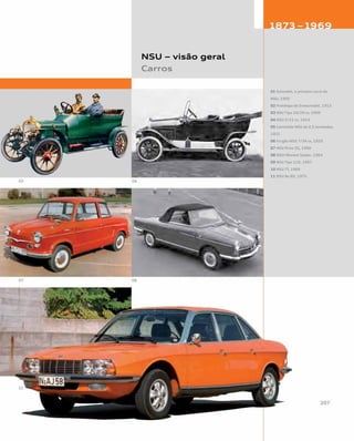 01 Sulmobil, o primeiro carro da
NSU, 1905
02 Protótipo do Enesumobil, 1913
03 NSU Tipo 10/20 cv, 1909
04 NSU 5/15 cv, 1914
05 Caminhão NSU de 2,5 toneladas,
1921
06 Furgão NSU 7/34 cv, 1929
07 NSU Prinz III, 1960
08 NSU/Wankel Spider, 1964
09 NSU Tipo 110, 1967
10 NSU TT, 1969
11 NSU Ro 80, 1975
NSU – visão geral
Carros
 