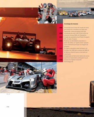 Cronologia da empresa
1985	 A Audi NSU Auto Union AG muda de nome
para AUDI AG e transfere sua sede para
Ingolstadt, onde permanece até hoje
1988	 A produção do Audi 100 C3 tem início na
empresa chinesa FAW, em Changchun
1993	 Criação da subsidiária Audi Motor Hungaria
Kft. em Györ, Hungria
1995	 Mudança na identidade corporativa: a
partir de então, os “quatro anéis” passam
a ser o elemento principal na imagem da
empresa
1997	 É criada a subsidiária Audi do Brasil, em
Curitiba. De 1999 até o outono de 2006 lá
se fabrica o Audi A3 para o mercado sul-
-americano
1998	 Incoporação da fabricante italiana de carros
esportivos Automobili Lamborghini S.p.A.
1998	 Compra da inglesa Cosworth
	 Technology Ltd.
 