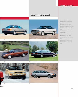 Audi – visão geral
01 Audi 100 (C3) Avant, 1986
02 Audi 100 (C3) quattro sport,
1989
03 Audi 80 (B3) sedã, 1986
04 Audi 90 (B3) quattro 20V, 1989
05 Audi Coupé (B3) quattro 20V,
1988
06 Audi 200 (C3) quattro 20V sedã
e Avant, 1989
07 Audi V8 (D1) sedã, 1988
08 Audi V8 L 4.2 (D1), 1993
09 Audi Coupé (B3) 2.6E quattro,
1992
10 Audi 100 (C4) Avant, 1994
11 Audi 100 (C4) quattro 2.8E,
1990
 