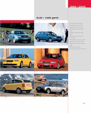 Audi – visão geral
01 Audi S8 (D2) sedã, 1999
02 Audi S4 (B5) sedã, 1997
03 Audi A6 (C5) sedã, 1998
04 Audi A6 (C5) Avant quattro,
1998
05 Audi TT (8N) Coupé quattro,
1998
06 Audi A3 (8L) sedã de cinco
portas, 2001
07 Facelift do Audi S3 (8L), 2002
08 Audi RS 4 (B5) Avant, 2001
09 Audi TT (8N) Roadster quattro,
2001
10 Audi A2 sedã, 2002
11 Audi allroad quattro (C5), 2000
 