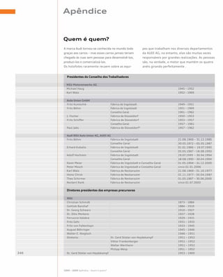 Apêndice
Quem é quem?
A marca Audi tornou-se conhecida no mundo todo
graças aos carros – mas esses carros jamais teriam
chegado às ruas sem pessoas para desenvolvê-los,
produzi-los e comercializá-los.
Os holofotes raramente recaem sobre as equi-
pes que trabalham nos diversos departamentos
da AUDI AG; no entanto, elas são muitas vezes
responsáveis por grandes realizações. As pessoas
são, na verdade, o motor que mantém os quatro
anéis girando perfeitamente .
Presidentes do Conselho dos Trabalhadores
Fritz Kuntschik 	 Fábrica de Ingolstadt	 1949 – 1951
Fritz Böhm	 Fábrica de Ingolstadt	 1951 – 1969
	 Conselho Geral	 1961 – 1962
J. Fischer	 Fábrica de Düsseldorf	 1950 – 1953
Fritz Schiffer	 Fábrica de Düsseldorf	 1953 – 1957
	 Conselho Geral	 1957 – 1961
Paul Jabs	 Fábrica de Düsseldorf*	 1957 – 1962
NSU Motorenwerke AG
Michael Haug	 1945 – 1952
Karl Walz	 1952 – 1969	
Auto Union GmbH
Fritz Böhm	 Fábrica de Ingolstadt	
	 Conselho Geral
Erhard Kuballa	 Fábrica de Ingolstadt
	 Conselho Geral
Adolf Hochrein	 Fábrica de Ingolstadt
	 Conselho Geral
Xaver Meier	 Fábrica de Ingolstadt e Conselho Geral
Peter Mosch	 Fábrica de Ingolstadt e Conselho Geral
Karl Walz	 Fábrica de Neckarsulm
Heinz Christ	 Fábrica de Neckarsulm
Theo Schirmer	 Fábrica de Neckarsulm
Norbert Rank	 Fábrica de Neckarsulm	
Audi NSU Auto Union AG, AUDI AG
Diretores presidentes das empresas precursoras
NSU
Christian Schmidt		 1873 – 1884
Gottlob Banzhaf		 1884 – 1910
Dr. Georg Schwarz		 1910 – 1927
Dr. Otto Merkens		 1927 – 1928
Ferruccio Valobra		 1929 – 1931
Fritz Gehr		 1931 – 1933
Fritz von Falkenhayn		 1933 – 1945
August Böhringer		 1945 – 1946
Walter E. Niegtsch		 1946 – 1951
Diretoria:	 Dr. Gerd Stieler von Heydekampf	 1951 – 1952
	 Viktor Frankenberger 	 1951 – 1952
	 Walter Wertheim 	 1951 – 1952
	 Philipp Wesp 	 1951 – 1952
Dr. Gerd Stieler von Heydekampf		 1953 – 1969
1899 – 2009 Apêndice – Quem é quem?
 