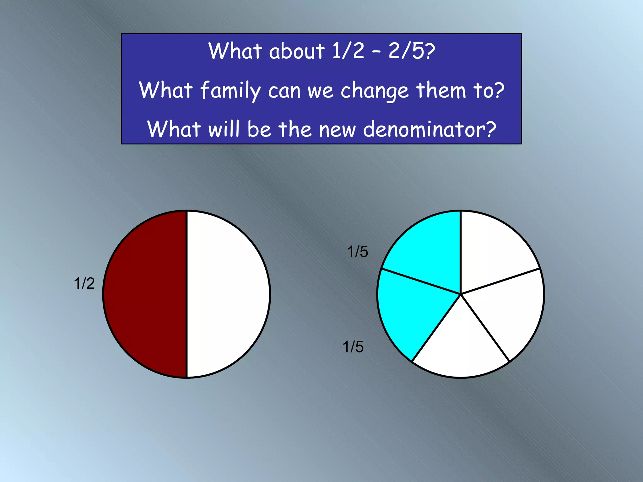What about 1/2 – 2/5?
      What family can we change them to?
      What will be the new denominator?




                         1/5
1/2


                        1/5
 
