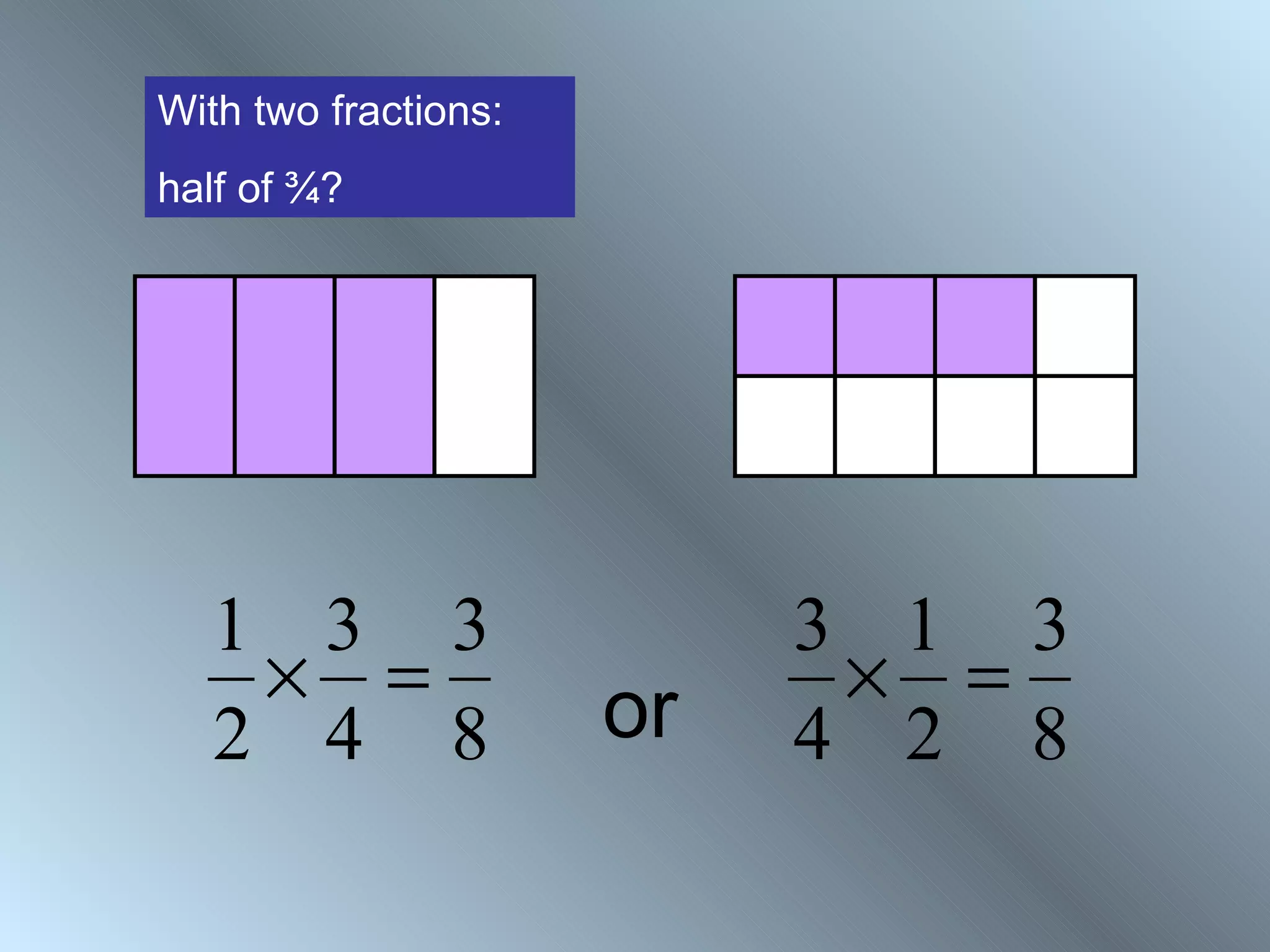 With two fractions:
half of ¾?




  1 3 3                    3 1 3
   × =                or    × =
  2 4 8                    4 2 8
 