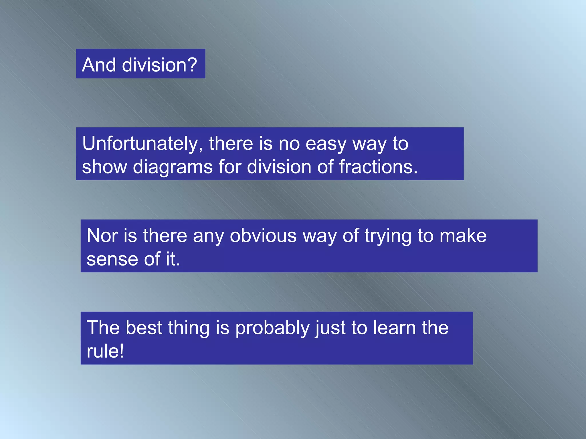 And division?



Unfortunately, there is no easy way to
show diagrams for division of fractions.


Nor is there any obvious way of trying to make
sense of it.


The best thing is probably just to learn the
rule!
 