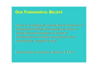 OUR FUNDAMENTAL BELIEFS


“Ours is a strategy for growth that is based on our
fundamental beliefs: that quality has inherent
value; that sound business is rooted in
trustworthiness; and that most people, when
treated fairly, respond in kind”


Isadore Sharp, Chairman, Founder & CEO
 