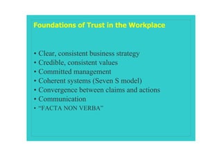 Foundations of Trust in the Workplace



• Clear, consistent business strategy
• Credible, consistent values
• Committed management
• Coherent systems (Seven S model)
• Convergence between claims and actions
• Communication
• “FACTA NON VERBA”
 