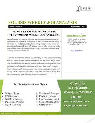 1
FOURSIS WEEKLY JOB ANALYSIS
Human Resource Quote
“Allow people to be them-
selves. People want to be
GREAT, great companies let
them be GREAT."
― Arte Nathan
Contact us
Call -7405434608
WhatsApp - 8866559213
Mail us
foursishr@gmail.com
career@foursis.com
Urgent Job openings Across Gujarat
HUMAN RESOURCE WORD OF THE
WEEK"FOURSIS WEEKLY JOB ANALYSIS".
Downshifting refers to social behaviors whereby individuals reduce the re-
sponsibility and complexity in their lives in order to achieve a better quality of
existence. In a workplace context, downshifting attempts to find a more ap-
propriate and sustainable work-life balance, often in order to improve family
relationships, reduce stress and generally reduce the level of intrusion of the
working life into the family life.
There are environmental benefits to downshifting as well, in that downshifting
typically results in lower salaries and therefore less purchasing power. Those
who downshift may also develop more self-reflective attitudes that help them
mitigate their effect on the environment and reduce their use of resources.
Many who downshift their careers may also stop commuting in order to work
locally, which has two clear benefits: it reduces the environmental impact of
their commute and helps contribute to the local economy.
Weekly Edition : 3 SEPTEMBER : 2018
 