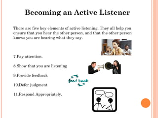 Becoming an Active Listener  There are five key elements of active listening. They all help you ensure that you hear the other person, and that the other person knows you are hearing what they say. Pay attention. Show that you are listening Provide feedback Defer judgment Respond Appropriately. 