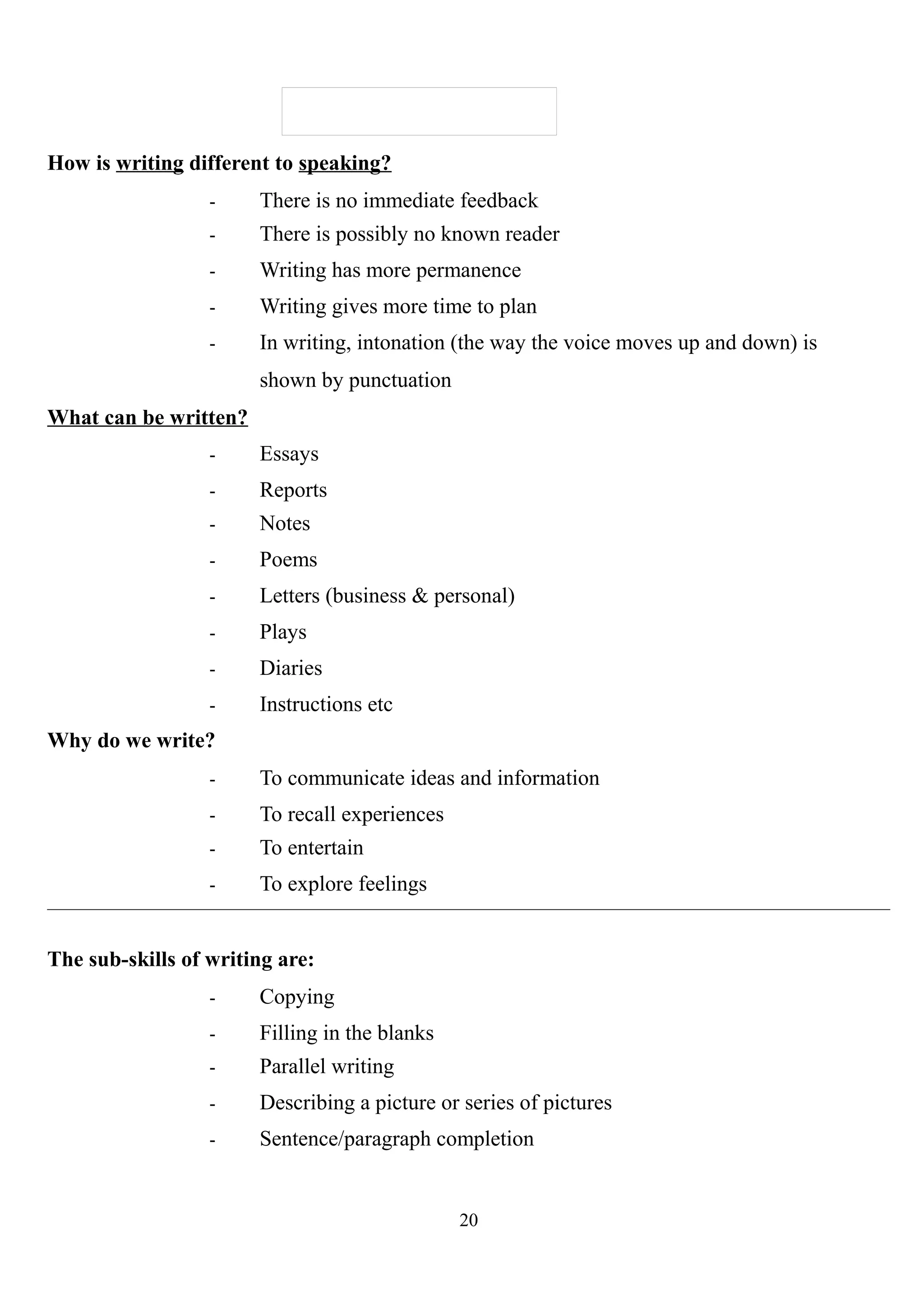 How is writing different to speaking?
- There is no immediate feedback
- There is possibly no known reader
- Writing has more permanence
- Writing gives more time to plan
- In writing, intonation (the way the voice moves up and down) is
shown by punctuation
What can be written?
- Essays
- Reports
- Notes
- Poems
- Letters (business & personal)
- Plays
- Diaries
- Instructions etc
Why do we write?
- To communicate ideas and information
- To recall experiences
- To entertain
- To explore feelings
The sub-skills of writing are:
- Copying
- Filling in the blanks
- Parallel writing
- Describing a picture or series of pictures
- Sentence/paragraph completion
20
 