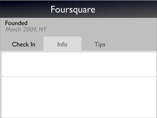 Foursquare
Founded
March 2009, NY

  Check In        Info    Tips
 