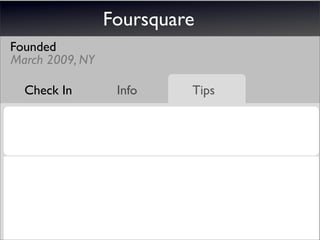Foursquare
Founded
March 2009, NY

  Check In        Info    Tips
 