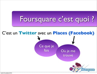 Foursquare c’est quoi ?
C’est un Twitter avec un Places (Facebook)
Ce que je
fais Où je me
trouve
lundi 25 octobre 2010
 