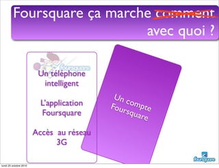 Un compteFoursquare
Foursquare ça marche comment
avec quoi ?
Un téléphone
intelligent
L’application
Foursquare
Accès au réseau
3G
lundi 25 octobre 2010
 
