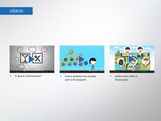 VÍDEOS




•   O que é o foursquare?   •   Como ampliar seu mundo   •   Saiba mais sobre o
                                com o foursquare             foursquare
 