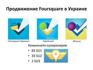 Продвижение Foursquare в Украине
Комьюнити суперюзеров
• 65 SU1
• 33 SU2
• 2 SU3
#fourua4sqUA.com«Foursquare Украина»
 