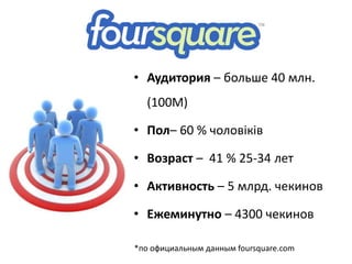 • Аудитория – больше 40 млн.
(100M)
• Пол– 60 % чоловіків
• Возраст – 41 % 25-34 лет
• Активность – 5 млрд. чекинов
• Ежеминутно – 4300 чекинов
*по официальным данным foursquare.com
 