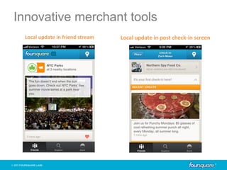 Innovative merchant tools
 Local	
  update	
  in	
  friend	
  stream	
     Local	
  update	
  in	
  post	
  check-­‐in	
  screen	
  
 