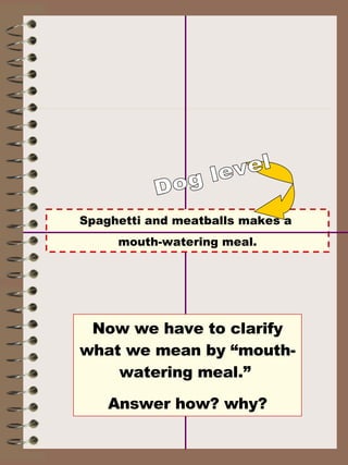 Spaghetti and meatballs makes a  mouth-watering meal. Now we have to clarify what we mean by “mouth-watering meal.”  Answer how? why? Dog level 
