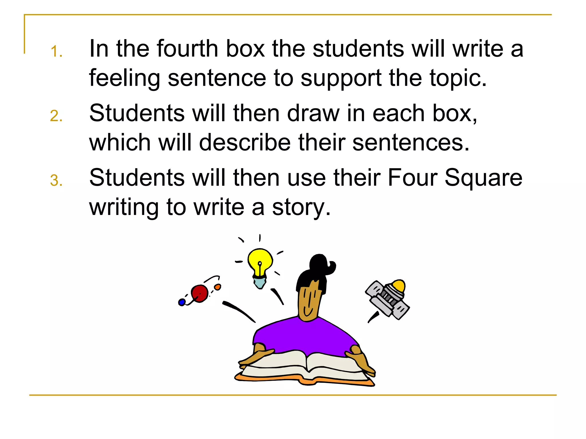 1.   In the fourth box the students will write a
     feeling sentence to support the topic.
2.   Students will then draw in each box,
     which will describe their sentences.
3.   Students will then use their Four Square
     writing to write a story.
 
