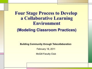 Four Stage Process to Develop  a Collaborative Learning Environment ( Modeling Classroom Practices ) B uilding Community through Telecollaboration  February 18, 2011 McGill Faculty Club 
