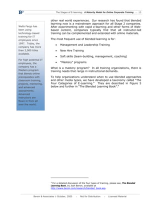 The Stages of E-learning: A Maturity Model for Online Corporate Training       13



                            other real world experiences. Our research has found that blended
                            learning now is a mainstream approach for all Stage 2 companies.
Wells Fargo has             After experimenting with rapid e-learning and other forms of Web-
been using                  based content, companies typically find that all instructor-led
technology-based            training can be complemented and extended with online materials.
training for IT
employees since             The most frequent use of blended learning is for:
1997. Today, the
                                •    Management and Leadership Training
company has more
than 2,000 titles               •    New Hire Training
available.
                                •    Soft skills (team-building, management, coaching)
For high potential IT
employees, the                  •    “Mastery” programs
company has a
                            What is a mastery program? In all training organizations, there is
Masters program             training needs that range in instructional demands.
that blends online
prerequisites with          To help organizations understand when to use blended approaches
classroom training,         and other media types, we have developed a taxonomy called “The
projects, mentoring,        Four Categories of E-Learning.” They are described in Figure 5
and advanced                below and further in “The Blended Learning Book”.4
assessments.
Advanced
instructors are
flown in from all
over the world.




                            4
                             For a detailed discussion of the four types of training, please see, The Blended
                            Learning Book, by Josh Bersin, available at
                            http://www.bersin.com/research/blended_book.asp.


             Bersin & Associates © October, 2005        Not for Distribution       Licensed Material
 