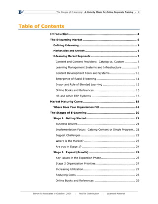 The Stages of E-learning: A Maturity Model for Online Corporate Training              2




Table of Contents
                    Introduction ......................................................................... 4

                    The E-learning Market .......................................................... 5

                       Defining E-learning ..................................................................... 5

                       Market Size and Growth .............................................................. 6

                       E-learning Market Segments ....................................................... 7

                         Content and Content Providers: Catalog vs. Custom ............. 8

                         Learning Management Systems and Infrastructure ................ 9

                         Content Development Tools and Systems........................... 10

                         Emergence of Rapid E-learning ......................................... 11

                         Important Role of Blended Learning .................................. 12

                         Online Books and References ........................................... 16

                         HR and other ERP Systems .............................................. 16

                    Market Maturity Curve........................................................ 18

                       Where Does Your Organization Fit? ........................................... 18

                    The Stages of E-Learning ................................................... 20

                       Stage 1: Getting Started ........................................................... 21

                         Business Drivers............................................................. 21

                         Implementation Focus: Catalog Content or Single Program .. 21

                         Biggest Challenges ......................................................... 22

                         Where is the Market? ...................................................... 23

                         Are you in Stage 1? ........................................................ 24

                       Stage 2: Expand (Growth) ........................................................ 25

                         Key Issues in the Expansion Phase .................................... 25

                         Stage 2 Organization Priorities.......................................... 27

                         Increasing Utilization....................................................... 27

                         Reducing Costs .............................................................. 28

                         Online Books and References ........................................... 29



     Bersin & Associates © October, 2005          Not for Distribution         Licensed Material
 