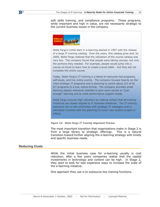The Stages of E-learning: A Maturity Model for Online Corporate Training   28



                       soft skills training, and compliance programs. These programs,
                       while important and high in value, are not necessarily strategic to
                       the current business issues in the company.




                         Wells Fargo’s initial start in e-learning started in 1997 with the release
                         of a large IT training catalog. Over the years, this catalog grew and, by
                         2000, Wells Fargo realized that the utilization of the course catalog was
                         very low. The company found that people were taking courses, but only
                         the portions they needed. For example, people would jump into a
                         course on Excel to learn how to create a pivot table – but they did not
                         complete the entire course.

                         Today, Wells Fargo’s IT training is a blend of instructor-led programs,
                         self-study, and live online events. The company focuses heavily on the
                         most strategic IT programs and is planning to switch about 2/3 of its
                         ILT programs to a live, online format. The company provides small
                         learning objects whenever possible to give users access to “just-
                         enough” learning and to meet performance support needs.

                         Wells Fargo ensures high utilization by making certain that all training
                         initiatives are closely aligned to IT business initiatives. The IT training
                         executive sits on the committee with strategic IT managers and is
                         intimately involved with the planning for every new system project or
                         rollout.



                       Figure 15: Wells Fargo IT Training Alignment Process

                       The most important transition that organizations make in Stage 2 is
                       from a large library to strategic offerings.       This is a natural
                       transition toward further aligning the e-learning strategy with timely
                       and specific business needs.


Reducing Costs

                       While the initial business case for e-learning usually is cost
                       reduction, after a few years companies realize that the capital
                       investments in technology and content can be high. In Stage 2,
                       they start to look for less expensive ways to increase the scale of
                       the e-learning initiative.

                       One approach they use is to outsource key training functions.




        Bersin & Associates © October, 2005       Not for Distribution      Licensed Material
 