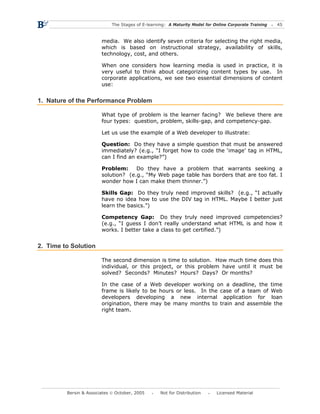 The Stages of E-learning: A Maturity Model for Online Corporate Training   45



                        media. We also identify seven criteria for selecting the right media,
                        which is based on instructional strategy, availability of skills,
                        technology, cost, and others.

                        When one considers how learning media is used in practice, it is
                        very useful to think about categorizing content types by use. In
                        corporate applications, we see two essential dimensions of content
                        use:


1. Nature of the Performance Problem

                        What type of problem is the learner facing? We believe there are
                        four types: question, problem, skills-gap, and competency-gap.

                        Let us use the example of a Web developer to illustrate:

                        Question: Do they have a simple question that must be answered
                        immediately? (e.g., “I forget how to code the ‘image’ tag in HTML,
                        can I find an example?”)

                        Problem:     Do they have a problem that warrants seeking a
                        solution? (e.g., “My Web page table has borders that are too fat. I
                        wonder how I can make them thinner.”)

                        Skills Gap: Do they truly need improved skills? (e.g., “I actually
                        have no idea how to use the DIV tag in HTML. Maybe I better just
                        learn the basics.”)

                        Competency Gap: Do they truly need improved competencies?
                        (e.g., “I guess I don’t really understand what HTML is and how it
                        works. I better take a class to get certified.”)


2. Time to Solution

                        The second dimension is time to solution. How much time does this
                        individual, or this project, or this problem have until it must be
                        solved? Seconds? Minutes? Hours? Days? Or months?

                        In the case of a Web developer working on a deadline, the time
                        frame is likely to be hours or less. In the case of a team of Web
                        developers developing a new internal application for loan
                        origination, there may be many months to train and assemble the
                        right team.




         Bersin & Associates © October, 2005       Not for Distribution      Licensed Material
 