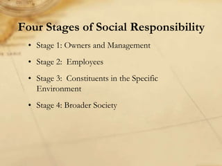 Four Stages of Social Responsibility Stage 1: Owners and Management Stage 2:  Employees Stage 3:  Constituents in the Specific Environment Stage 4: Broader Society 