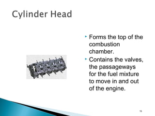  Forms the top of the
combustion
chamber.
 Contains the valves,
the passageways
for the fuel mixture
to move in and out
of the engine.
15
 