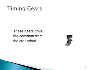  These gears drive
the camshaft from
the crankshaft.
19
 