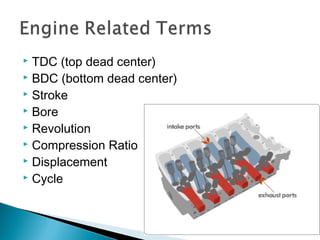  TDC (top dead center)
 BDC (bottom dead center)
 Stroke
 Bore
 Revolution
 Compression Ratio
 Displacement
 Cycle
21
 