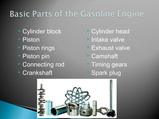  Cylinder block
 Piston
 Piston rings
 Piston pin
 Connecting rod
 Crankshaft
 Cylinder head
 Intake valve
 Exhaust valve
 Camshaft
 Timing gears
 Spark plug
5
 