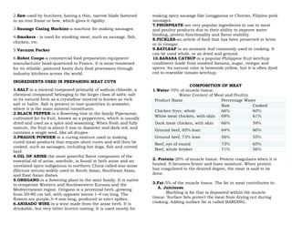 2.Saw-used by butchers, having a thin, narrow blade fastened
in an iron frame or bow, which gives it rigidity.
3.Sausage Casing Machine-a machine for making sausages.
4.Smokers - is used for smoking meat, such as sausage, fish,
chicken, etc.
5.Vacuum Packer
6.Robot Coupe-a commercial food preparation equipment
manufacturer head-quartered in France. It is most renowned
for its reliable, patented heavy duty food processors through
industry kitchens across the world.
INGREDIENTS USED IN PREPARING MEAT CUTS
1.SALT-is a mineral composed primarily of sodium chloride, a
chemical compound belonging to the larger class of salts; salt
in its natural form as a crystalline mineral is known as rock
salt or halite. Salt is present in vast quantities in seawater,
where it is the main mineral constituent.
2.BLACK PEPPER-is a flowering vine in the family Piperaceae,
cultivated for its fruit, known as a peppercorn, which is usually
dried and used as a spice and seasoning. When fresh and fully
mature, the fruit is about 5 mm in diameter and dark red, and
contains a single seed, like all drupes.
3.PRAGUE POWDER-is a curing mixture used in making
cured meat products that require short cures and will then be
cooked, such as sausages, including hot dogs, fish and corned
beef.
4.OIL OF ANISE-the most powerful flavor component of the
essential oil of anise, anethole, is found in both anise and an
unrelated spice indigenous to northern China called star anise
(Illicium verum) widely used in South Asian, Southeast Asian,
and East Asian dishes.
5.OREGANO-is a flowering plant in the mint family. It is native
to temperate Western and Southwestern Eurasia and the
Mediterranean region. Oregano is a perennial herb, growing
from 20–80 cm tall, with opposite leaves 1–4 cm long. The
flowers are purple,3–4 mm long, produced in erect spikes.
6.ANISADO WINE-is a wine made from the anise herb. It is
drinkable, but very bitter licorice tasting. It is used mostly for
making spicy sausage like Longganisa or Chorizo, Filipino pork
sausages.
7.PHOSPHATE-are very popular ingredients to use in meat
and poultry products due to their ability to improve water
binding, protein functionality and flavor stability.
8.PICKLES-an article of food that has been preserved in brine
or in vinegar.
9.BAYLEAF-is an aromatic leaf commonly used in cooking. It
can be used whole, or as dried and ground.
10.BANANA CATSUP-is a popular Philippine fruit ketchup
condiment made from mashed banana, sugar, vinegar and
spices. Its natural color is brownish-yellow, but it is often dyed
red to resemble tomato ketchup.
COMPOSITION OF MEAT
1.Water-70% of muscle tissue.
Water Content of Meat and Poultry
Product Name Percentage Water
Raw Cooked
Chicken fryer, whole 66% 60%
White meat chicken, with skin 69% 61%
Dark meat chicken, with skin 66% 59%
Ground beef, 85% lean 64% 60%
Ground beef, 73% lean 56% 55%
Beef, eye of round 73% 65%
Beef, whole brisket 71% 56%
2. Protein-20% of muscle tissue. Protein coagulates when it is
heated. It becomes firmer and loses moisture. When protein
has coagulated to the desired degree, the meat is said to be
done.
3.Fat-5% of the muscle tissue. The fat in meat contributes to:
A. Juiciness
Marbling is fat that is deposited within the muscle
tissue. Surface fats protect the meat from drying out during
cooking. Adding surface fat is called BARDING.
 