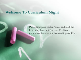 Welcome To Curriculum Night
Please find your student’s seat and read the
letter they have left for you. Feel free to
write them back on the bottom if you’d like.
 