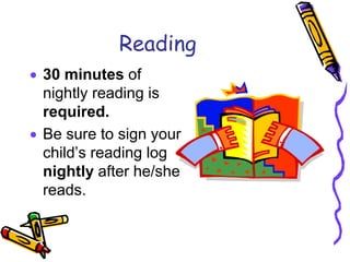 Reading
30 minutes of
nightly reading is
required.
Be sure to sign your
child’s reading log
nightly after he/she
reads.
 