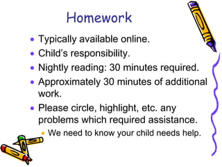 Homework
Typically available online.
Child’s responsibility.
Nightly reading: 30 minutes required.
Approximately 30 minutes of additional
work.
Please circle, highlight, etc. any
problems which required assistance.
  We need to know your child needs help.
 