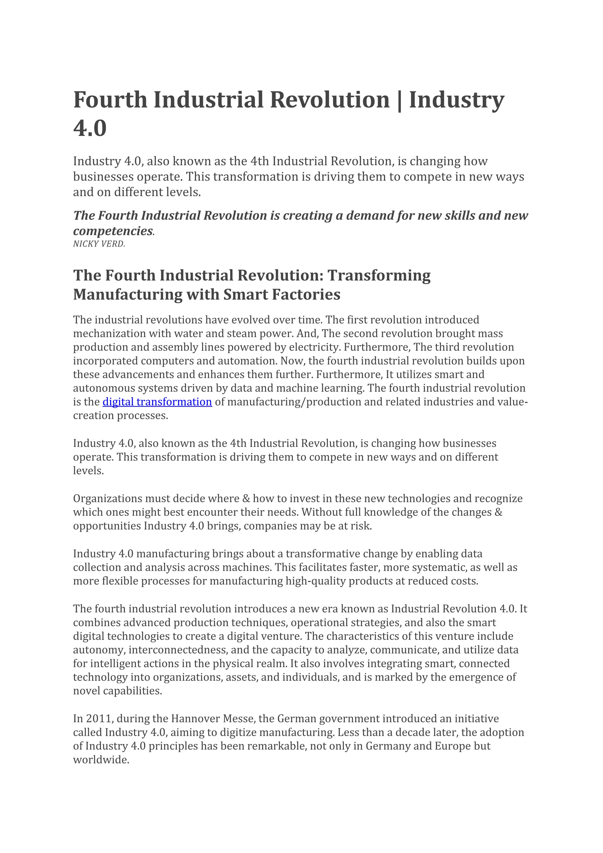 Importance Of Fourth Industrial Revolution | PDF