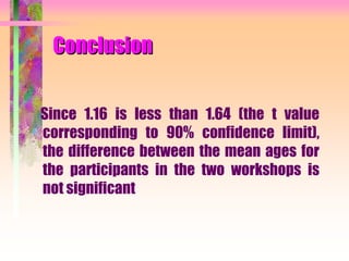 Conclusion
Since 1.16 is less than 1.64 (the t value
corresponding to 90% confidence limit),
the difference between the mean ages for
the participants in the two workshops is
not significant
 