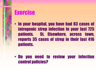 Exercise
• In your hospital, you have had 83 cases of
iatrogenic strep infection in your last 725
patients. St. Elsewhere, across town,
reports 35 cases of strep in their last 416
patients.
• Do you need to review your infection
control policies?
 
