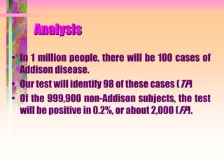 Analysis
• In 1 million people, there will be 100 cases of
Addison disease.
• Our test will identify 98 of these cases (TP)
• Of the 999,900 non-Addison subjects, the test
will be positive in 0.2%, or about 2,000 (FP).
 