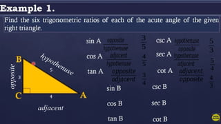 • SOH-CAH-TOA
opposite
adjacent
hypothenuse
𝑜𝑝𝑝𝑜𝑠𝑖𝑡𝑒
h h
𝑦𝑝𝑜𝑡 𝑒𝑛𝑢𝑠𝑒
3
5
𝑎𝑑𝑗𝑎𝑐𝑒𝑛𝑡
h h
𝑦𝑝𝑜𝑡 𝑒𝑛𝑢𝑠𝑒
4
5
𝑜𝑝𝑝𝑜𝑠𝑖𝑡𝑒
𝑎𝑑𝑗𝑎𝑐𝑒𝑛𝑡
3
4
h h
𝑦𝑝𝑜𝑡 𝑒𝑛𝑢𝑠𝑒
𝑜𝑝𝑝𝑜𝑠𝑖𝑡𝑒
5
3
h h
𝑦𝑝𝑜𝑡 𝑒𝑛𝑢𝑠𝑒
𝑎𝑑𝑗𝑎𝑐𝑒𝑛𝑡
5
4
𝑎𝑑𝑗𝑎𝑐𝑒𝑛𝑡
𝑜𝑝𝑝𝑜𝑠𝑖𝑡𝑒 4
3
 