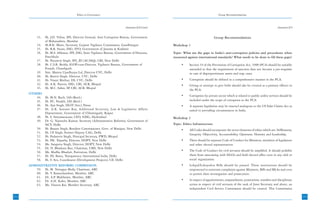 Ethics in Governance                                                                        Group Recommendations



                                                                          Annexure-I(4) Contd.                                                                                    Annexure-I(5)


           33.   Sh. J.D. Virkar, IPS, Director General, Anti Corruption Bureau, Government                                     Group Recommendations
                 of Maharashtra, Mumbai
           34.   Sh.B.K. Bhatt, Secretary, Gujarat Vigilance Commission, Gandhinagar             Workshop 1
           35.   Sh. R.R. Swain, DIG, SVO, Government of Jammu & Kashmir
           36.   Sh. M.S. Ahlawat, IPS, DIG, State Vigilance Bureau, Government of Haryana,      Topic: What are the gaps in India’s anti-corruption policies and procedures when
                 Panchkula                                                                       measured against international standards? What needs to be done to fill these gaps?
           37.   Sh. Paramvir Singh, IPS, JD (AC/HQ), CBI, New Delhi
           38.   Sh. C.S.R. Reddy, IGOP-cum-Director, Vigilance Bureau, Government of                 •     Section 19 of the Prevention of Corruption Act, 1988 (PCA) should be suitably
                 Punjab, Chandigarh                                                                         amended so that the requirement of sanction does not become a pre-requisite
           39.   Smt. Mamta Upadhyaya Lal, Director CVC, Delhi                                              in case of disproportionate assets and trap cases.
           40.   Sh. Ranvir Singh, Director, CVC, Delhi
           41.   Sh. Vineet Mathur, DS, CVC, Delhi                                                    •     Corruption should be defined in a comprehensive manner in the PCA.
           42.   Sh. A.K. Pateria, DIG, CBI, ACR, Bhopal                                              •     Giving or attempt to give bribe should also be covered as a primary offence in
           43.   Sh. M.C. Sahni, SP CBI, ACB, Bhopal
                                    ,
                                                                                                            the PCA.
      OTHERS
         44.     Sh. M.N. Buch, IAS (Retd.)                                                           •     Corruption by private sector which is related to public utility services should be
         45.     Sh. P Parakh, IAS (Retd.)
                      .C.                                                                                   included under the scope of corruption in the PCA.
         46.     Sh. Ajai Singh, DGIT (Inv.), Patna                                                   •     A separate legislation may be enacted analogous to the US False Claims Act as
         47.     Sh. A.K. Samant Ray, Additional Secretary, Law & Legislative Affairs                       suited to prevailing circumstances in India.
                 Deptartment, Government of Chhattisgarh, Raipur
           48.   Sh. S. Satyanarayana, CEO, NISG, Hyderabad                                      Workshop 2
           49.   Dr. G. Narendra Kumar, Secretary (Administrative Reforms), Government of
                 NCT, Delhi                                                                      Topic: Ethics Infrastructure
           50.   Sh. Basant Singh, Resident Commissioner, Govt. of Manipur, New Delhi                 •     All Codes should incorporate the seven elements of ethics which are: Selflessness,
           51.   Sh. I.P Singh, Former Deputy CAG, Delhi
                        .
                                                                                                            Integrity, Objectivity, Accountability, Openness, Honesty and Leadership.
           52.   Sh. Padamvir Singh, Principal Secretary, PWD, Bhopal
           53.   Sh. P Tripathy, Director, DOPT, New Delhi
                      .K.                                                                             •     There should be separate Code of Conduct for Ministers, members of legislature
           54.   Ms. Sangeeta Singh, Director, DOPT, New Delhi                                              and other elected representatives.
           55.   Dr. N. Bhaskara Rao, Chairman, CMS, New Delhi
           56.   Ms. Madhu Bhaduri, Parivartan, Delhi                                                 •     The Code of Conduct for civil servants should be amplified. It should prohibit
           57.   Sh. P Bawa, Transparency International India, Delhi
                      .S.                                                                                   them from associating with NGOs and hold elected office even in any club or
           58.   Sh. S. Sen, Coordinator (Development Projects), CII, Delhi                                 social organization.
      ADMINISTRATIVE REFORMS COMMISSION                                                               •     Lokpal/Lokayukta Bills should be passed. These institutions should be
         59. Sh. M. Veerappa Moily, Chairman, ARC                                                           empowered to entertain complaints against Ministers, MPs and MLAs and even
         60. Sh. V Ramachandran, Member, ARC
                  .                                                                                         to permit their investigation and prosecution.
         61. Dr. A.P Mukherjee, Member, ARC
                    .
         62. Dr. A.H. Kalro, Member, ARC                                                              •     In respect of appointments, empanelment, promotions, transfers and disciplinary
         63. Ms. Vineeta Rai, Member Secretary, ARC                                                         action in respect of civil servants of the rank of Joint Secretary and above, an
                                                                                                            independent Civil Service Commission should be created. This Commission

232                                                                                                                                                                                               233
                                                                                                                                                                                                  21
 