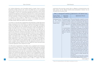 Ethics in Governance                                                                                               Ethical Framework



     2.9.7 Judicial independence and accountability should go together. Article 235 of the               would indicate that across these countries, there is a collegium to recommend persons to the
     Constitution of India provides for the ‘control’ of the High Court over the subordinate             higher judiciary and this collegium included persons, presumably of eminence, but not
     judiciary, clearly indicating that the provision of an effective mechanism to enforce judicial      necessarily from the judiciary itself.
     accountability is a part of our constitutional philosophy. But this does not in any way
     compromise the independence of the judiciary at that level. In fact, it respects and strengthens          Table 2.1: International Comparison of Appointments to the Supreme Court
     the directive principle of separation of the judiciary from the executive as enshrined in Article
                                                                                                         Country/ Name                          Appointing                                   Appointment Process
     50 of the Constitution. It cannot be doubted that the independence of a subordinate judge
                                                                                                         of the Apex Court                       Authority
     is as important as that of a Judge in a High Court or in the Supreme Court. If this is
     accepted, then there should be no reason not to consider an accountability mechanism for            UK/ Supreme Court                   The Supreme Court               The Lord Chancellor is required to convene
     the higher judiciary. What then should be that mechanism?                                           of the United                       consists of 12 judges           a selection commission for the selection of a
                                                                                                         K i n g d o m 32                    appointed by Her                person to be recommended. The selection
     2.9.8 Article 124 vests the power of appointment of the Chief Justice of India (CJI) and the
                                                                                                         {Section 23(1)}                     Majesty by letters              commission consists of 5 members including
     Judges to the Supreme Court in the President. It is stipulated that the President shall appoint
                                                                                                                                             patent. {Section 23             the President and Deputy President of the
     a Judge of the Supreme Court, after consultation with such of the Judges of the Supreme
                                                                                                                                             (2)}.                           Supreme Court and one member each of the
     Court and of the High Courts as the President may deem necessary. The appointment of
                                                                                                                                                                             following bodies: (i) the Judicial
     Judges of the High Courts is also made by the President of India. The President has to                                                  A recommendation                Appointments Commission (ii) the Judicial
     consult the CJI, the Governor of the State and the Chief Justice of the High Court. A                                                   in this regard is               Appointments Board of Scotland (iii) the
     Presidential reference was made on 23rd July, 1998 to the Supreme Court in which nine                                                   made by the Prime               Northern Ireland Judicial Appointments
     questions were referred for consideration by the Supreme Court. One of the principles laid                                              Minister. (Section              Commission (Schedule 8). The selection
     down by the Supreme Court was that the Chief Justice of India has to form a collegium of                                                26).                            commission must consult senior judges, the
     four senior-most puisne Judges of the Supreme Court . This is necessary for appointments of
                                                                                                                                                                             Lord Chancellor, the First Minister in
     judges to the Supreme Court or to transfer a High Court Chief Justice or a High Court
                                                                                                                                                                             Scotland, the Assembly First Secretary in
     judge, and the opinion of the collegium will have primacy in the matter of appointments. It
                                                                                                                                                                             Wales and the Secretary of State for Northern
     further clarified that it is open to the executive to inform the collegium of its objections.
                                                                                                                                                                             Ireland and make a report to the Lord
     However, if the Chief Justice and his companion judges are still of the view that there is no
                                                                                                                                                                             Chancellor about the selection. (Section 27).
     reason to withdraw their recommendation, then that appointment should be made as a
                                                                                                                                                                             On receipt of the report, the Lord
     matter of healthy convention. However, even if two judges have serious reservations about
                                                                                                                                                                             Chancellor consults the same dignitaries as
     a particular appointment, then it should not be made.
                                                                                                                                                                             in the case of the selection commission. After
     2.9.9 The system of appointments to the higher courts, as stipulated by the Constitution                                                                                consultation, he may either notify the
     and as interpreted by the Supreme Court, has always placed the highest premium on judicial                                                                              selection to the Prime Minister, or reject it
     independence. In India, it is only a collegium of judges that recommends to the President                                                                               or require the commission to reconsider it.
     names for elevation to the bench and there is no outside advice available for this purpose.                                                                             This process may involve three stages. Even
     Judicial pronouncements have made the recommendation binding. Perhaps in no other                                                                                       then, the Lord Chancellor may notify a
     country in the world does the judiciary have a final say in its own appointments. In India,                                                                             person who was not selected on basis of
     neither the executive nor the legislature has much say in who is appointed to the Supreme                                                                               reasons recorded in writing. (Sections 28,
     Court or the High Courts. The current system of appointments is not open to public scrutiny                                                                             29 and 30).
     and thus lacks accountability and transparency. A comparative analysis of the appointment                                                                               Notification by Lord Chancellor is binding
     mechanism for judges in different countries is given in Table 2.1. A glance at the table                                                                                on the Prime Minister.{Section 26(3)}.
                                                                                                                                                                                                          Contd. on page 52
50                                                                                                                                                                                                                            51
                                                                                                         32
                                                                                                              Based on the Constitutional Reform Act 2005. References in parentheses are to this Act.
 