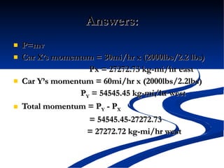 Answers: P=mv Car X’s momentum = 30mi/hr x (2000lbs/2.2 lbs)   Px = 27272.73 kg-mi/hr east Car Y’s momentum = 60mi/hr x (2000lbs/2.2lbs) P Y  = 54545.45 kg-mi/hr west Total momentum = P Y  - P X    = 54545.45-27272.73   = 27272.72 kg-mi/hr west 