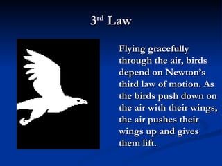 3 rd  Law Flying gracefully through the air, birds depend on Newton’s third law of motion. As the birds push down on the air with their wings, the air pushes their wings up and gives them lift. 