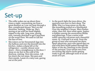 Set-up
 The collie wakes me up about three
times a night, summoning me from a
great distance as I row my boat through a
dim, complicated dream. She’s on the
shoreline, barking. Wake up. She’s
staring at me with her head slightly
tipped to the side, long nose, gazing
eyes, toenails clenched to get a purchase
on the wood floor. We used to call her
the face of love.
 She totters on her broomstick legs into
the hallway and over the doorsill into the
kitchen, makes a sharp left at the
refrigerator—careful, almost went
down—then a straightaway to the door. I
sleep on my feet in the cold of the
doorway, waiting. Here she comes. Lift
her down the two steps. She pees and
then stands, Lassie in a ratty coat, gazing
out at the yard.
 In the porch light the trees shiver, the
squirrels turn over in their sleep. The
Milky Way is a long smear on the sky,
like something erased on a blackboard.
Over the neighbor’s house, Mars flashes
white, then red, then white again. Jupiter
is hidden among the anonymous blinks
and glitterings. It has a moon with
sulfur-spewing volcanoes and a beautiful
name: Io. I learned it at work, from the
group of men who surround me there.
Space physicists, guys who spend days on
end with their heads poked through the
fabric of the sky, listening to the sounds
of the universe. Guys whose own lives
are ticking like alarm clocks getting
ready to go off, although none of us are
aware of it yet.
 