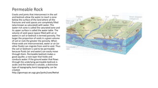Permeable Rock
Cracks and joints that interconnect in the soil
and bedrock allow the water to reach a zone
below the surface of the land where all the
fractures and void spaces are completely filled
(also known as saturated) with water. This
water-rich zone is called the saturated zone and
its upper surface is called the water table. The
volume of void space (space filled with air or
water) in soil or bedrock is termed porosity. The
larger the proportion of voids in a given volume
of soil or rock the greater the porosity. When
these voids are interconnected, water or air (or
other fluids) can migrate from void to void. Thus
the soil or bedrock is said to be permeable
because fluids (air and water) can easily move
through them. Permeable bedrock makes a
good aquifer, a rock layer that holds and
conducts water. If the ground water that flows
through the underlying permeable bedrock is
acidic and the bedrock is soluble, a distinctive
type of topography, karst topography, can be
created.
http://geomaps.wr.usgs.gov/parks/cave/#what
 