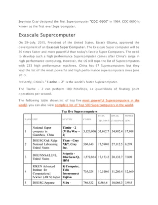 Seymour Cray designed the first Supercomputer "CDC 6600" in 1964. CDC 6600 is
known as the first ever Supercomputer.
Exascale Supercomputer
On 29th July, 2015, President of the United States, Barack Obama, approved the
development of an Exascale Super Computer. The Exascale Super computer will be
30 times faster and more powerful than today’s fastest Super Computers. The need
to develop such a high performance Supercomputer comes after China’s surge in
high performance computing. However, the US still tops the list of Supercomputers
with 233 high performance machines. China has 37 Supercomputers but they
lead the list of the most powerful and high performance supercomputers since June
2013.
Presently, China’s "Tianhe – 2" is the world’s faster Supercomputer.
The Tianhe – 2 can perform 100 Petaflops, i.e quadrillions of floating point
operations per second.
The following table shows list of top five most powerful Supercomputers in the
world. you can also view complete list of Top 500 Supercomputers in the world.
Top five Supercomputers
RANK SITE SYSTEM CORES
RMAX
(TFLOPS/S)
RPEAK
(TFLOPS/S)
POWER
(KW)
1
National Super
computer in
Guanzhou, China
Tianhe - 2
(MilkyWay -
2)
3,120,000 33,862.7 54,902.4 17,808
2
DOE/SC/Oak Ridge
National Laboratory,
United States
Titan - Cray
XK7, Cray
Inc.
560,640 17,590.0 27,112.5 8,209
3
DOE/NNSA/LLNL,
United States
Sequoia -
BlueGene/Q,
IBM
1,572,864 17,173.2 20,132.7 7,890
4
RIKEN Advanced
Institute for
Computational
Science (AICS) Japan
K Computer,
Tofu
Interconnect
Fujitsu.
705,024 10,510.0 11,280.4 12,660
5 DOE/SC/Argonne Mira - 786,432 8,586.6 10,066.3 3,945
 
