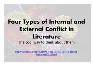 Four Types of Internal and
External Conflict in
Literature
The cool way to think about them
http://classroom.synonym.com/4-types-external-internal-conflict-
literature-10224.html
 